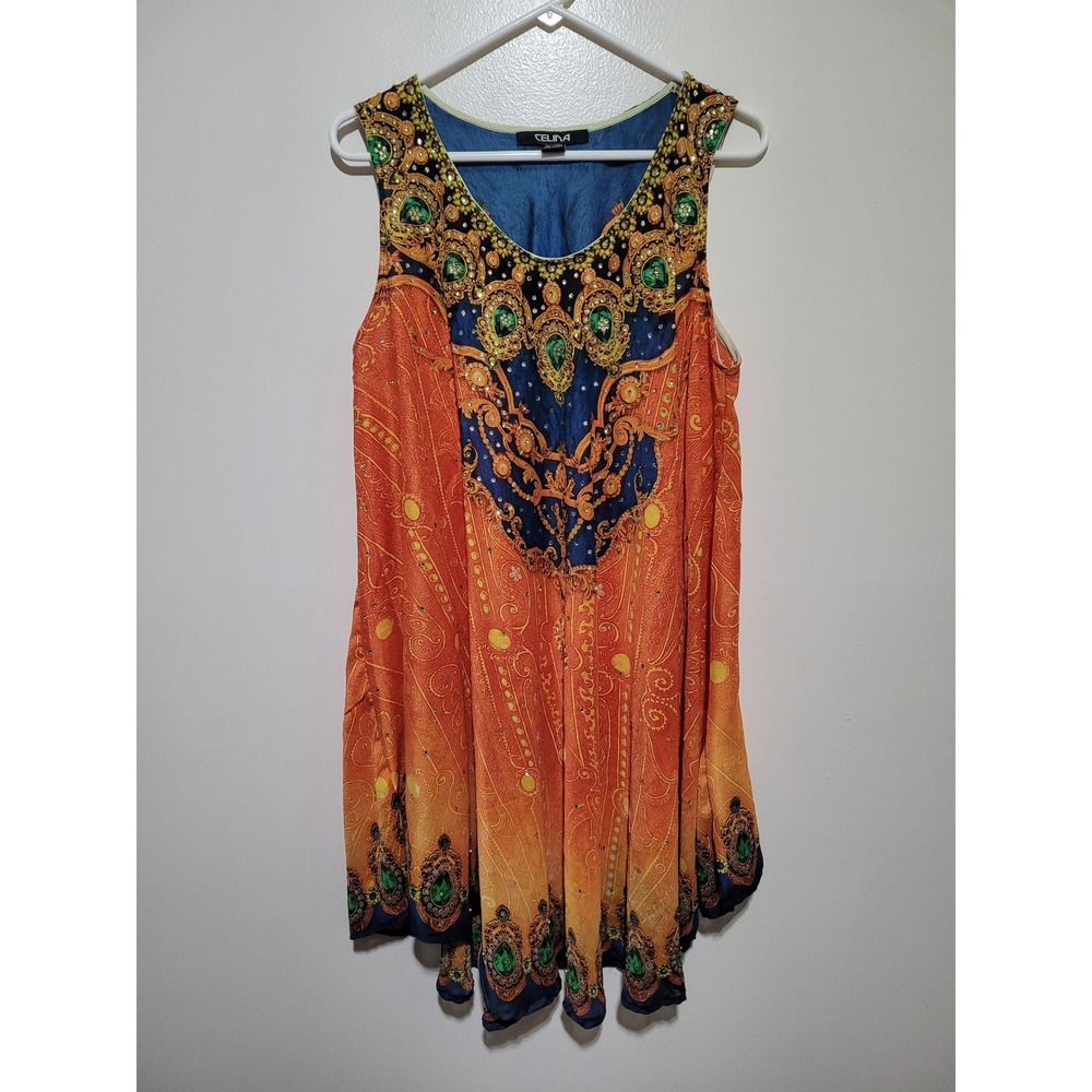 Celina Tunic Top Women One Size Orange Blue Baroque Rhinestone Boho